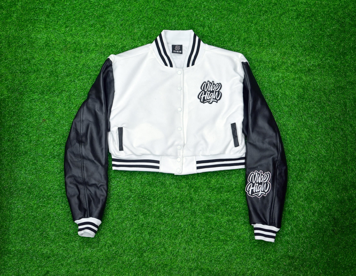 Leather Sleeved Cropped Varsity Jacket