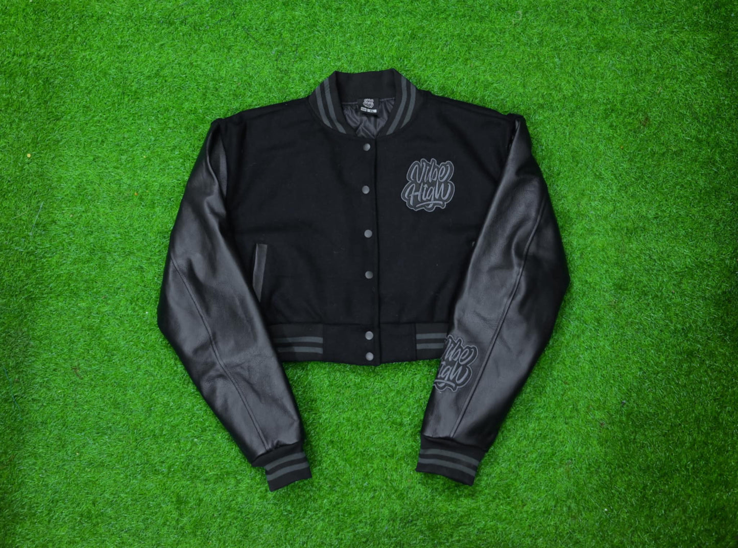 Leather Sleeved Cropped Varsity Jacket