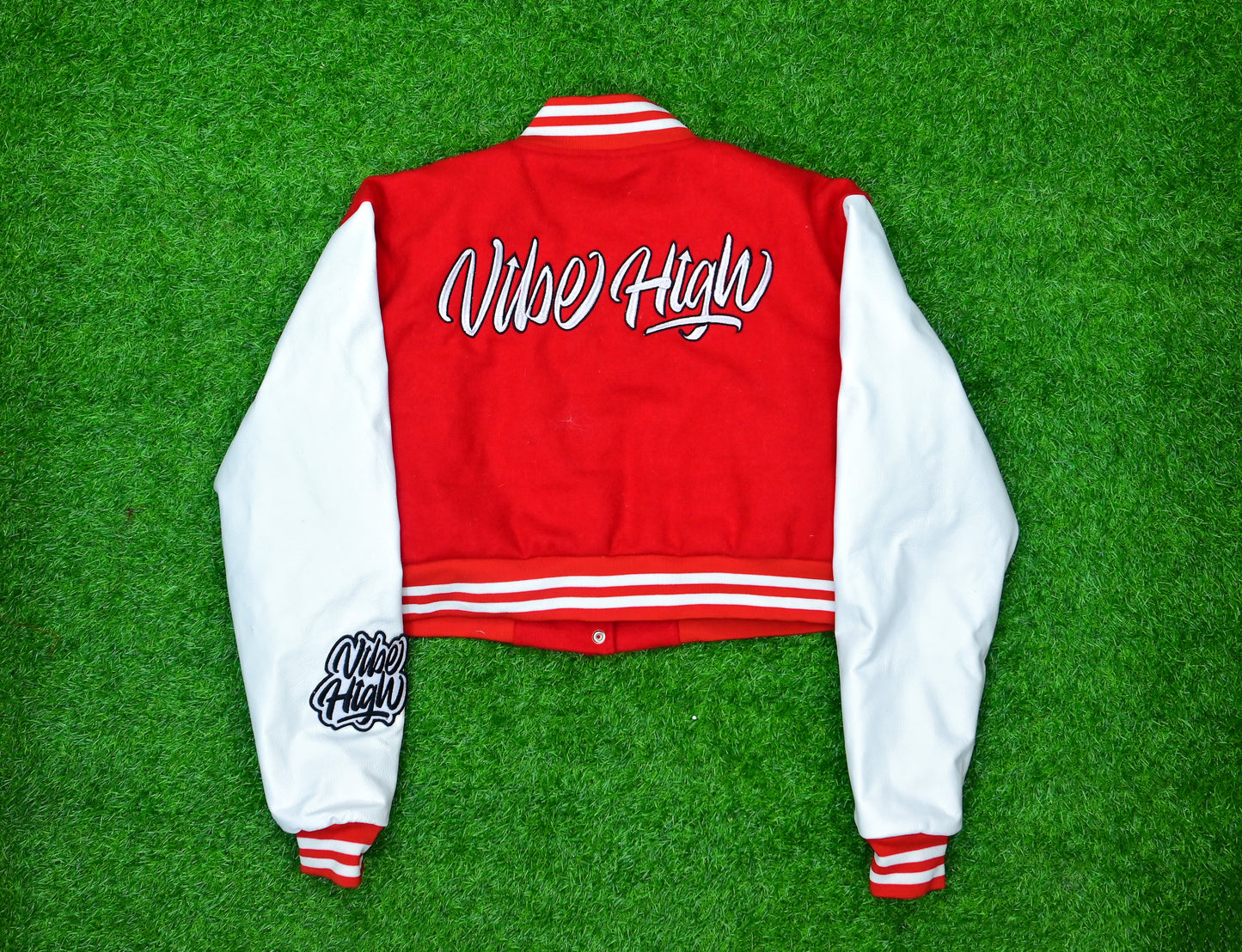 Leather Sleeved Cropped Varsity Jacket