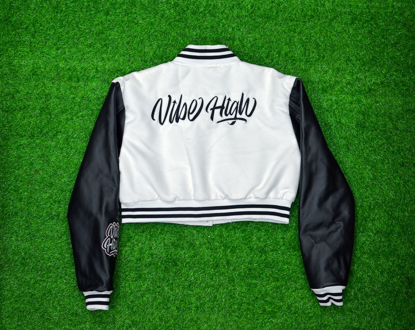 Leather Sleeved Cropped Varsity Jacket