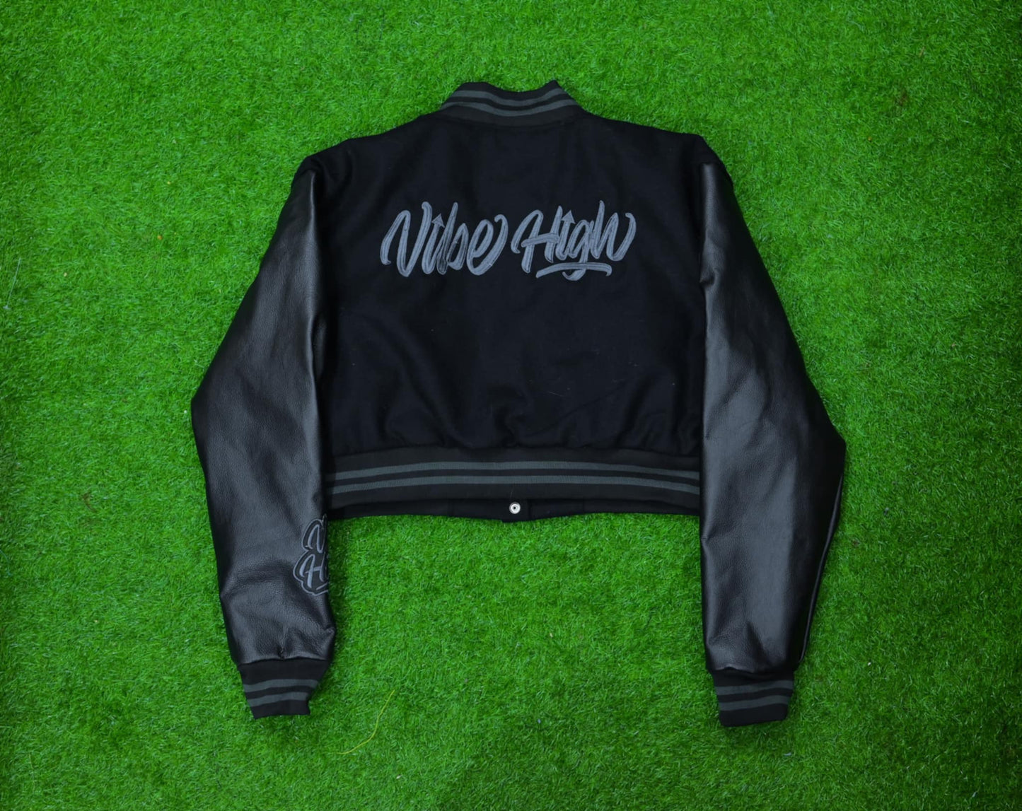 Leather Sleeved Cropped Varsity Jacket